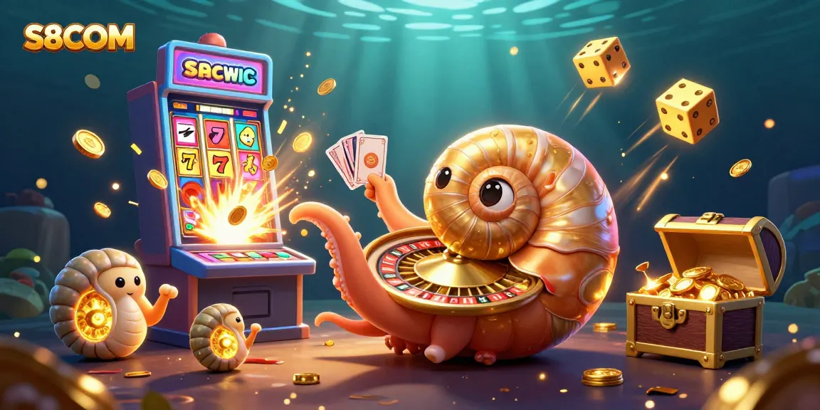 S8COM challenges players with a vibrant jackpot scene featuring a nautilus roulette, slot machines, and glowing ammonites.