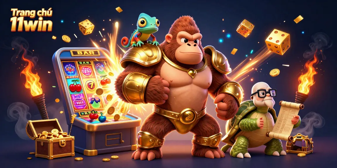 Engage with the excitement of Trang chủ 11win, showcasing a vibrant 3D casino illustration of a powerful gorilla and dynamic gaming elements.