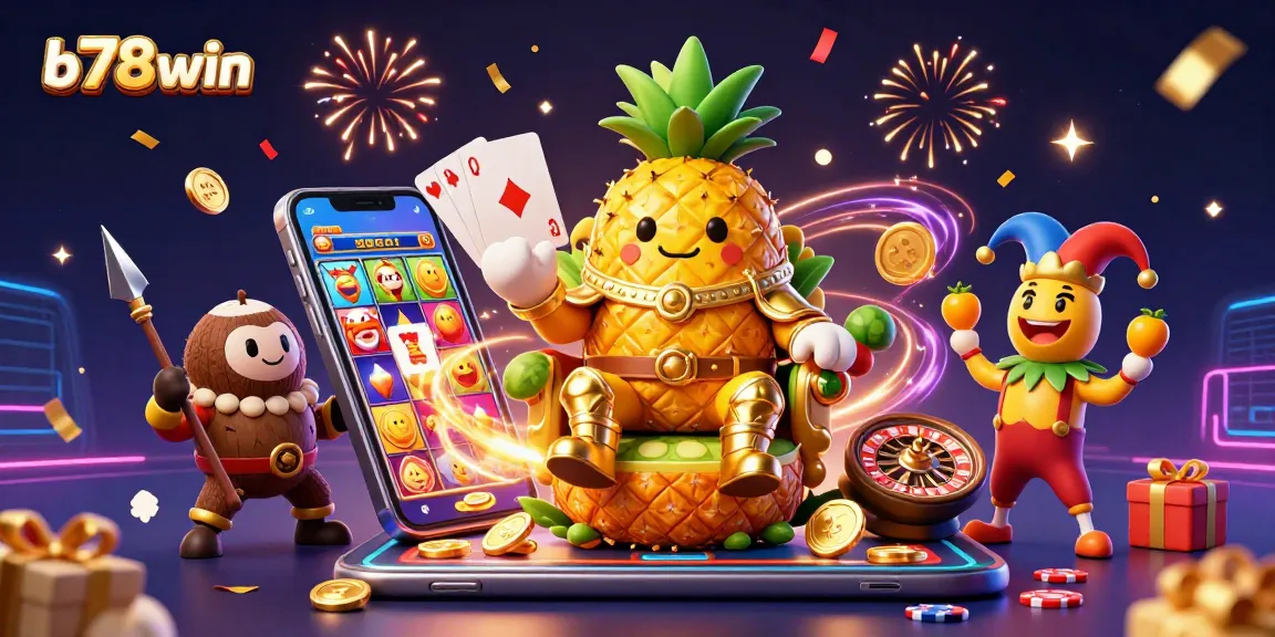 Spin and win with b78win in a vibrant beach casino scene filled with playful characters and games.
