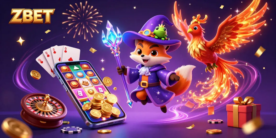 ZBET brings excitement with a mystical wizard fox and phoenix amid vibrant casino elements.
