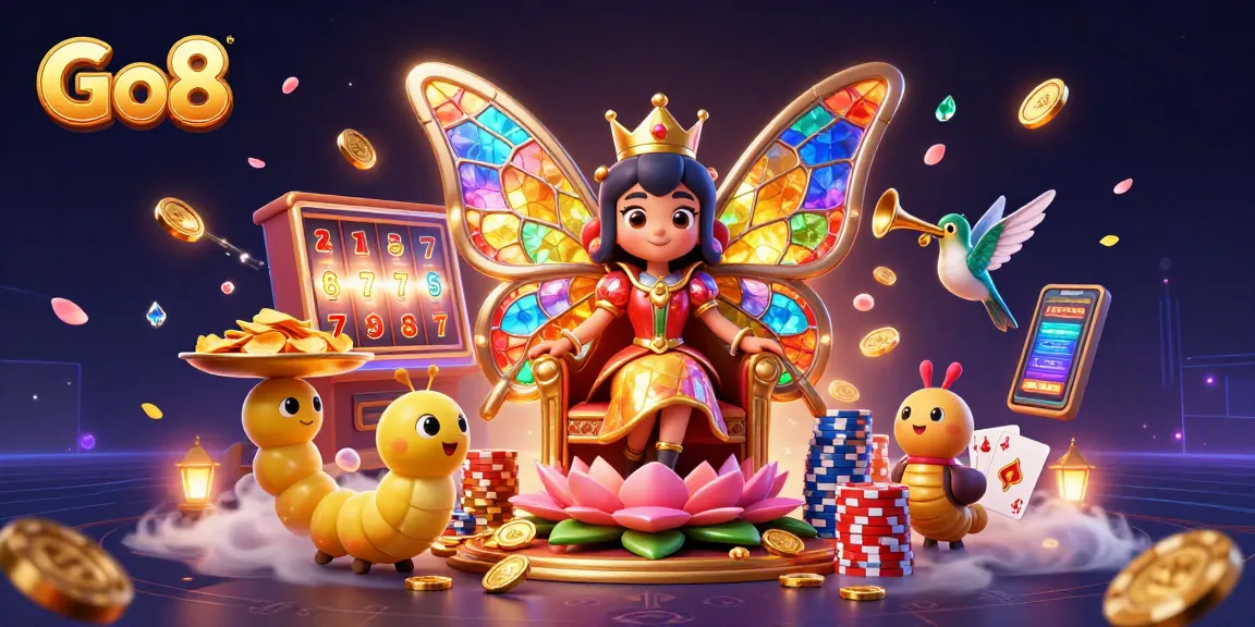 Engage with the Go8 online casino experience through vibrant graphics featuring slots, cards, and golden chips.