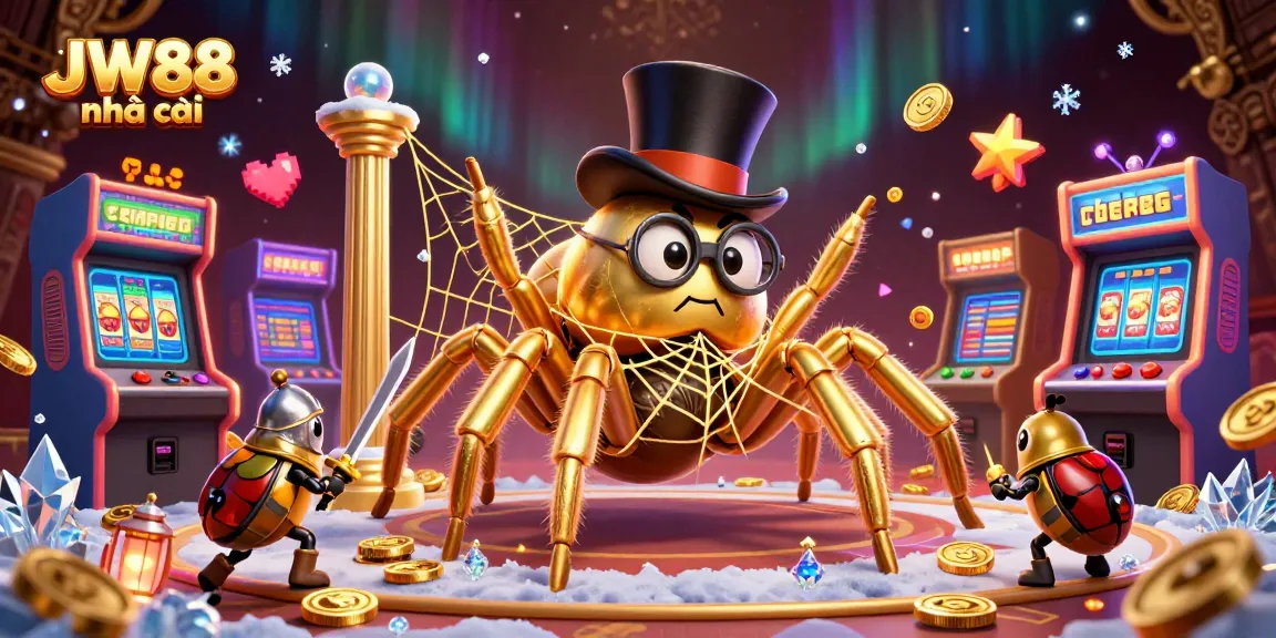 Engage with thrilling games at JW88 nhà cái, showcasing a vibrant casino scene with a golden tarantula and beetle knight.