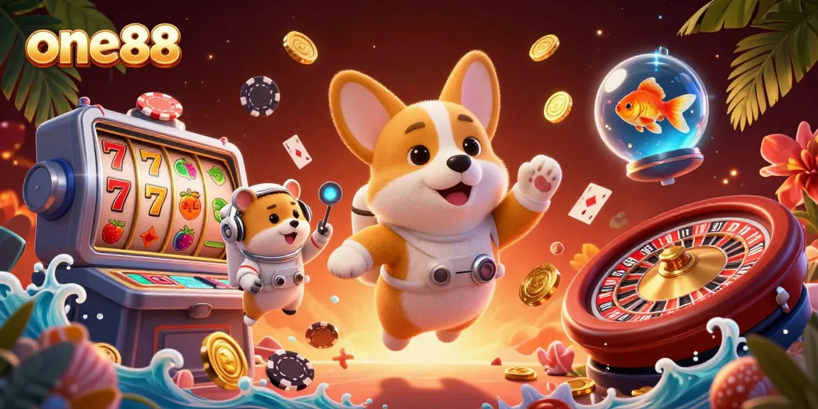 Join the fun at one88 as you win big with floating poker chips and slots in this lively casino scene.