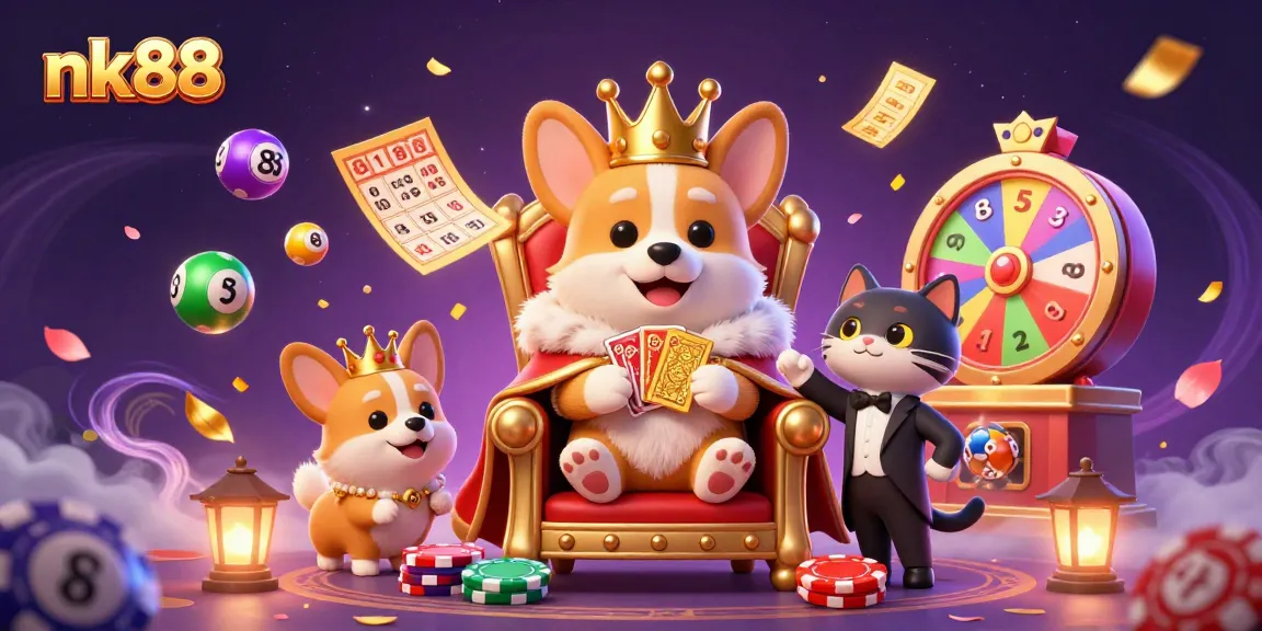 Win big at nk88 with delightful gaming characters amidst vibrant lottery scenes.