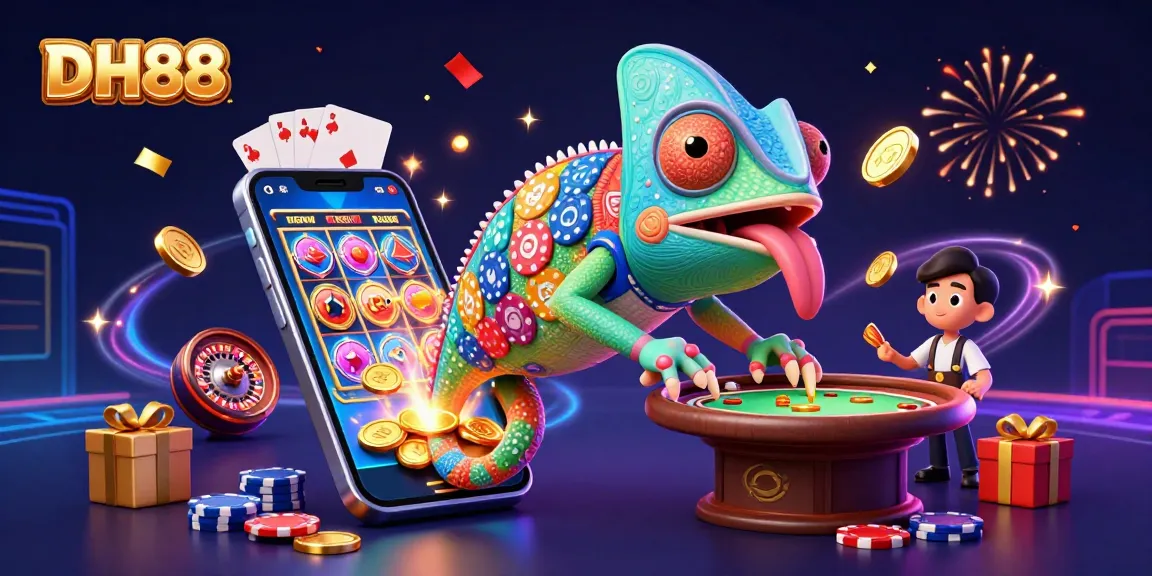 Experience thrilling casino games with DH88's vibrant chameleon mascot celebrating jackpots and excitement.