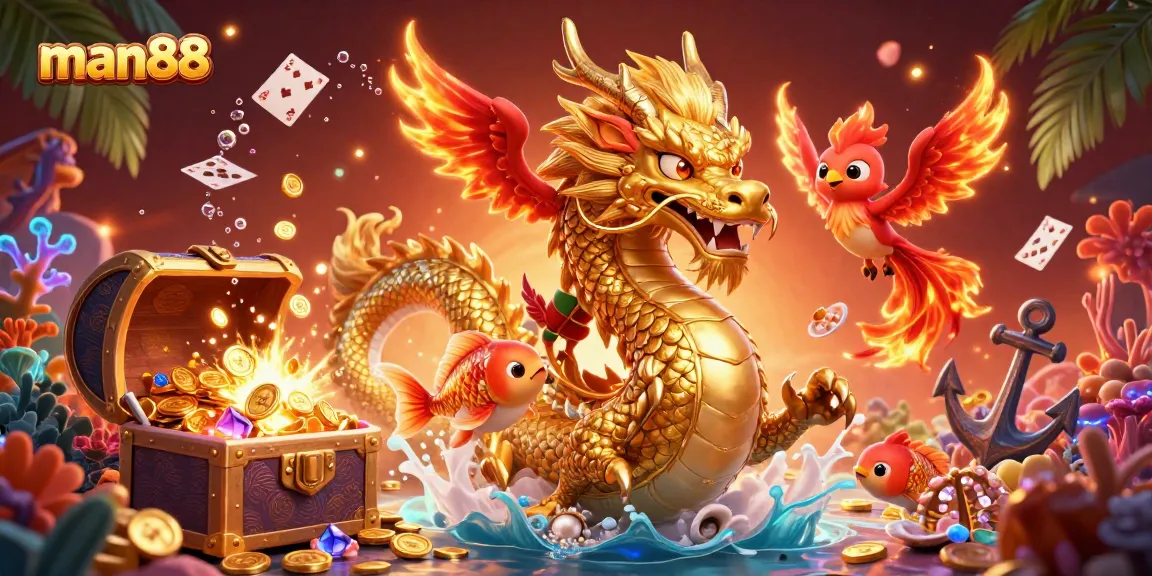 Experience thrilling gameplay at man88 with a magnificent golden dragon and vibrant casino elements.